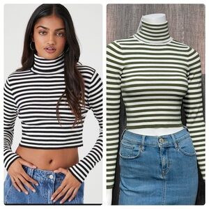 Forever 21 Olive Green & White Striped Cropped Turtleneck Small